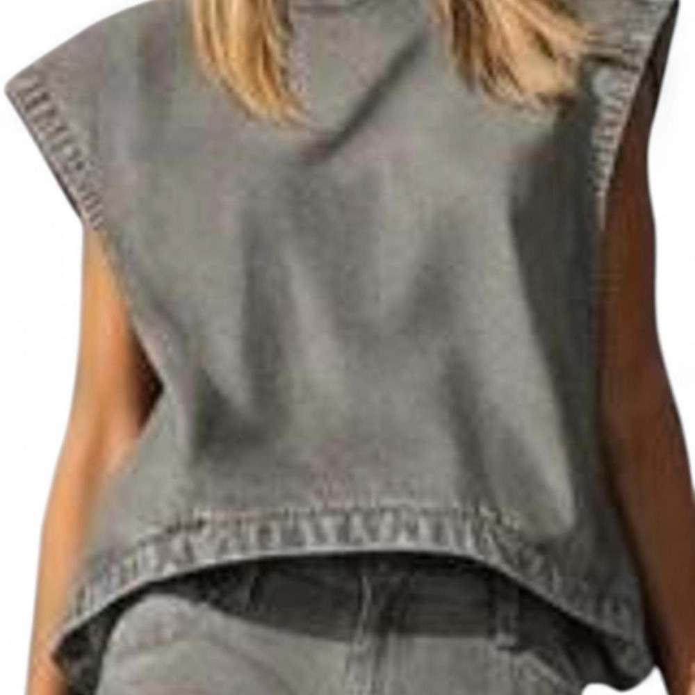 UOOZEE Grey Denim Mock Neck Suit Vest Top